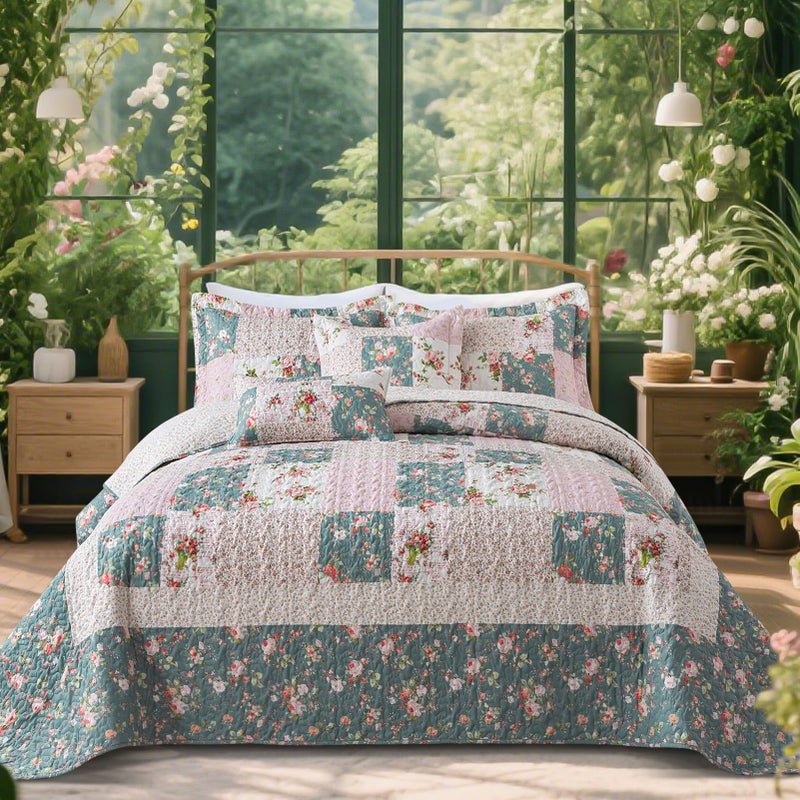 VAPUTAR Pink King Size Quilt Bedding Set - Gaeden Style King Size Bedspreads with Floral Pattern - Lightweight Farmhouse Cotton-Filled Quilts King Size for Bed Decorations  3 Pieces - Image 1